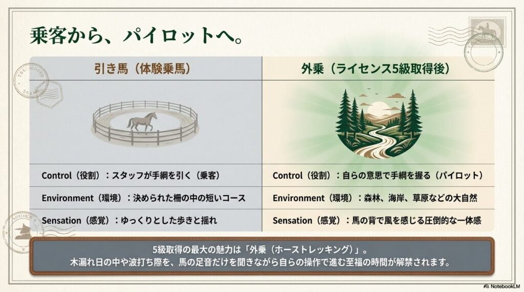 体験乗馬の乗客から外乗のパイロットへと変わる乗馬ライセンス5級取得後の役割と環境の変化をまとめた比較表
