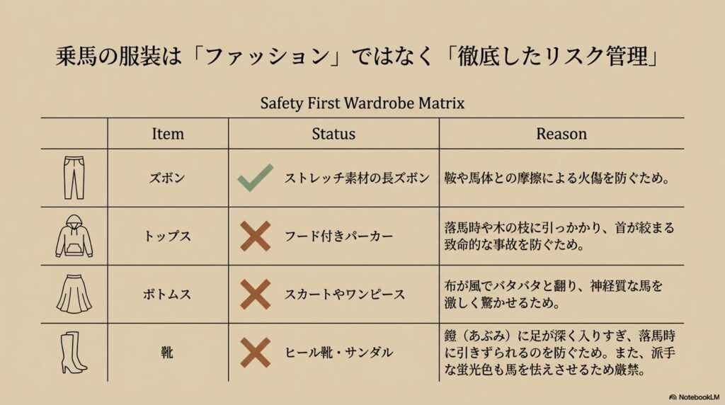 乗馬において避けるべきNGな服装（スカート、フード付き、ヒール靴など）とその理由をまとめたリスク管理表