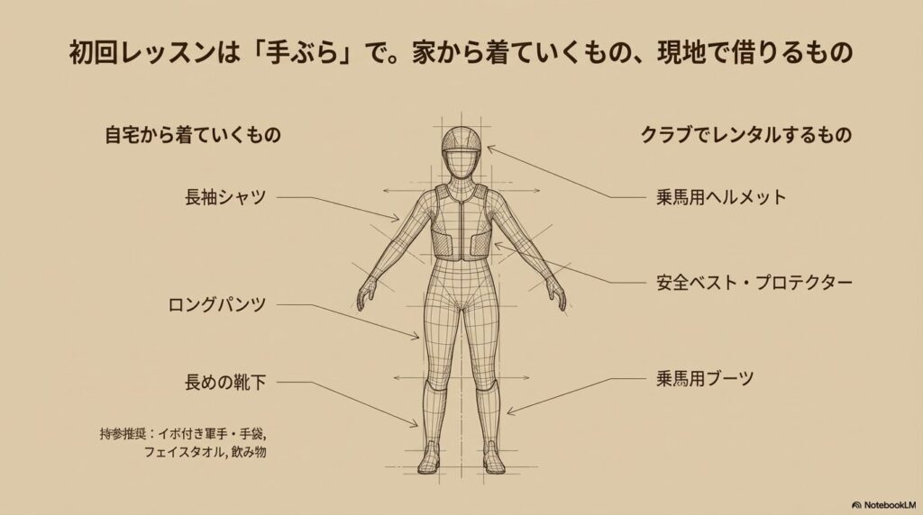 自宅から着ていく長袖やロングパンツと、クラブでレンタルするヘルメットやブーツなどの装具を図解した乗馬の服装ガイド