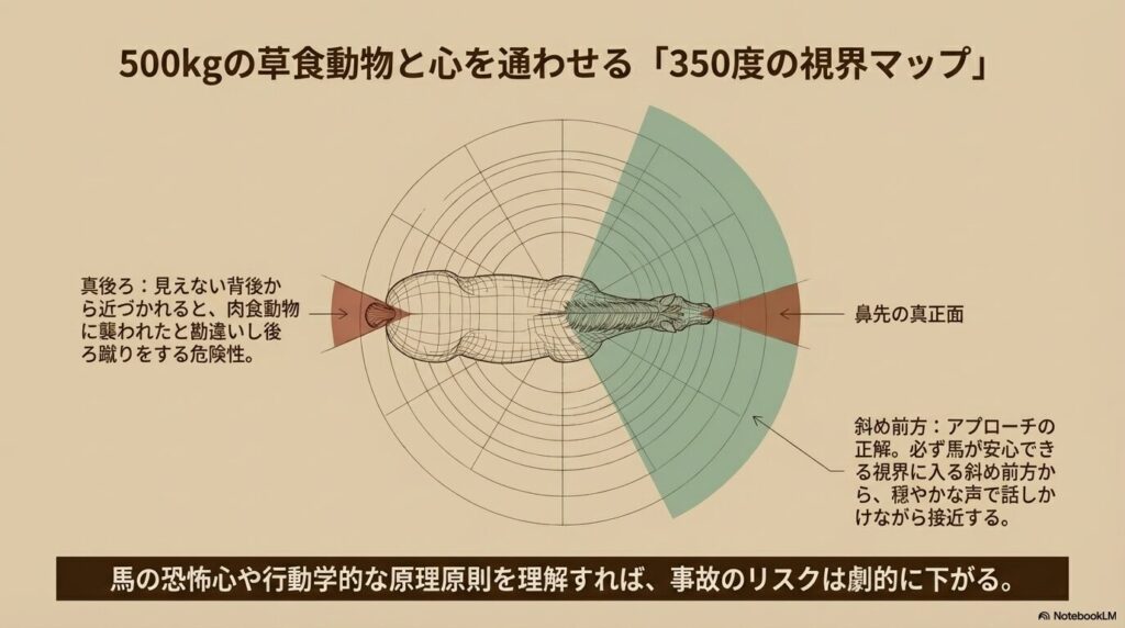 馬の350度の視界と、死角となる真後ろ・真正面、安全に近づくための斜め前方のエリアを示した視界マップ