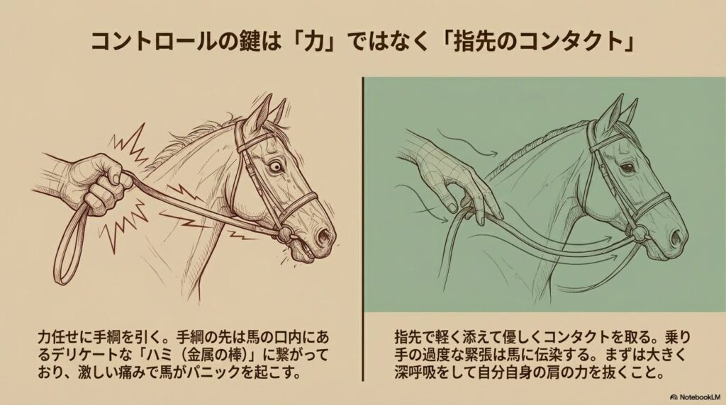 力任せに手綱を引いて馬がパニックを起こす様子と、指先で優しく手綱に触れてリラックスしてコンタクトを取る様子の比較イラスト