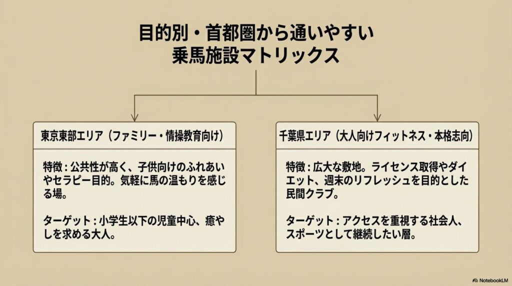 東京東部エリア（公共性・情操教育向け）と千葉県エリア（民間クラブ・本格フィットネス向け）の目的別乗馬施設マトリックス