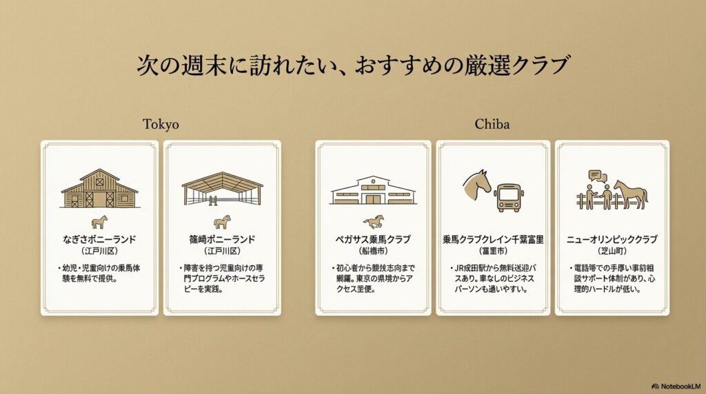 なぎさポニーランド、篠崎ポニーランド、ペガサス乗馬クラブ、乗馬クラブクレイン千葉富里、ニューオリンピッククラブの特徴まとめ