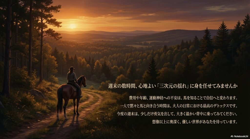 大自然の中を馬に乗って進む女性のイラストと、週末の乗馬体験を促すメッセージ