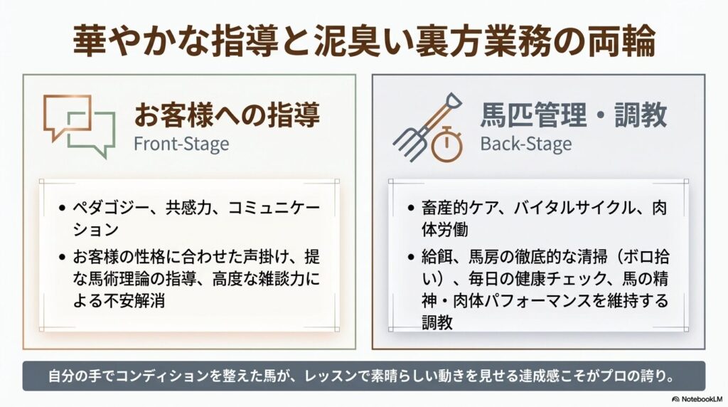 乗馬インストラクターの表舞台である接客指導と裏方である馬匹管理業務の比較