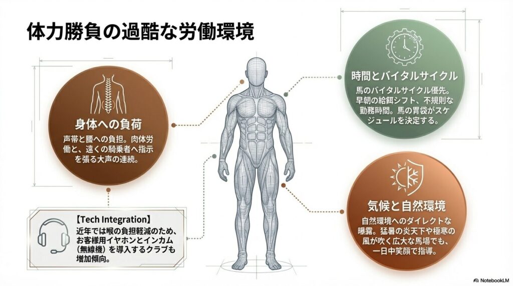 声帯への負担や早朝勤務など乗馬インストラクターの体力的に過酷な労働環境