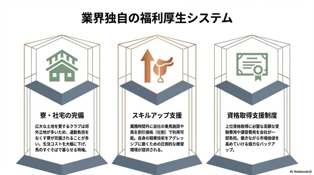 寮・社宅の完備や資格取得支援など乗馬クラブ独自の多様な福利厚生システム
