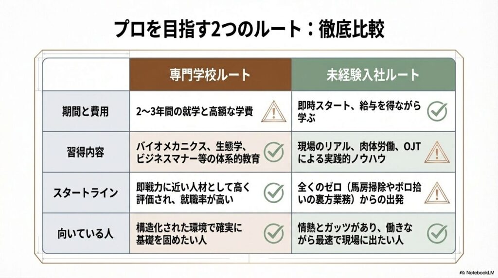 乗馬インストラクターを目指す専門学校ルートと未経験入社ルートの期間や特徴の比較表