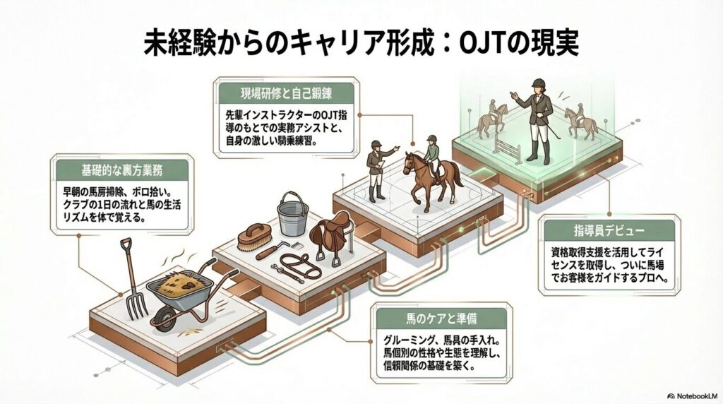 未経験から乗馬インストラクターになるための馬房掃除から指導員デビューまでのOJTステップ