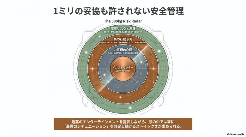 馬の行動予測や馬具の点検など乗馬インストラクターに求められる安全管理のリスクレーダー