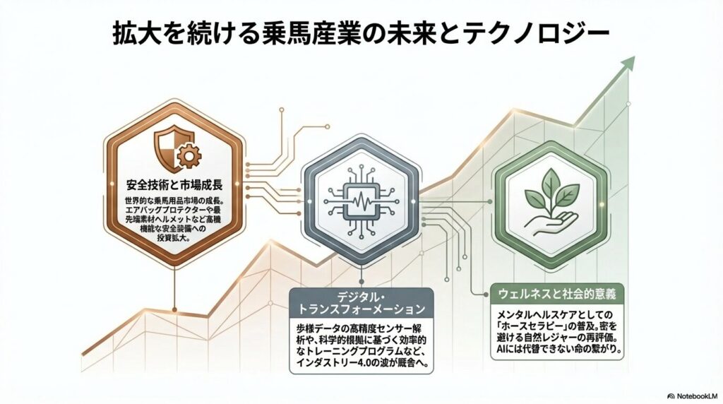 高機能な安全装備の普及やホースセラピー需要による乗馬産業の拡大と未来予測