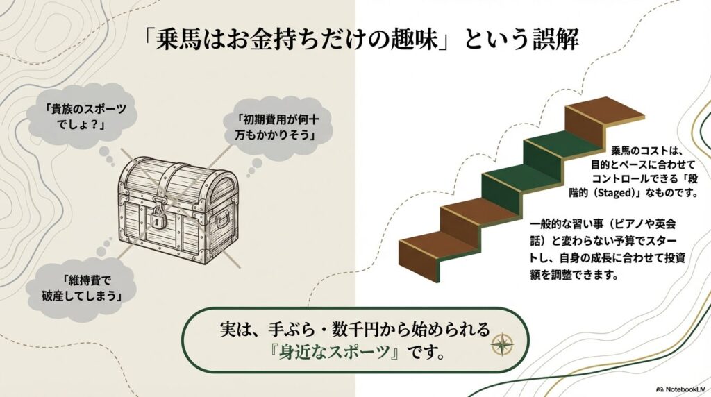 乗馬はお金持ちだけの趣味という誤解を解き、予算に合わせた段階的な費用コントロールを説明する図