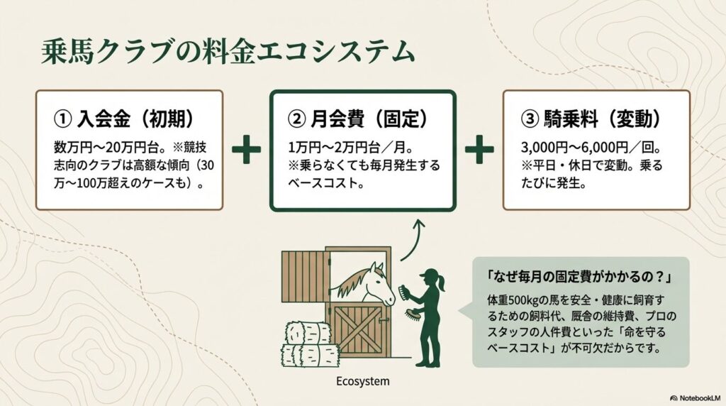乗馬クラブの入会金、月会費、騎乗料からなる料金エコシステムと相場