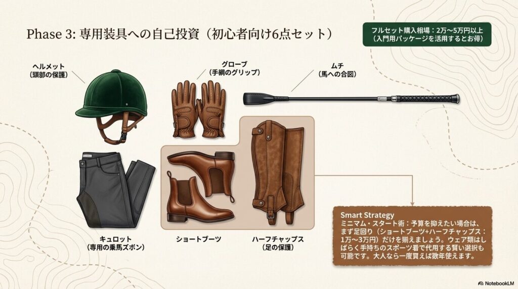 初心者向けの乗馬専用装具6点セット(ヘルメットやブーツなど)の価格相場とミニマムスタート術