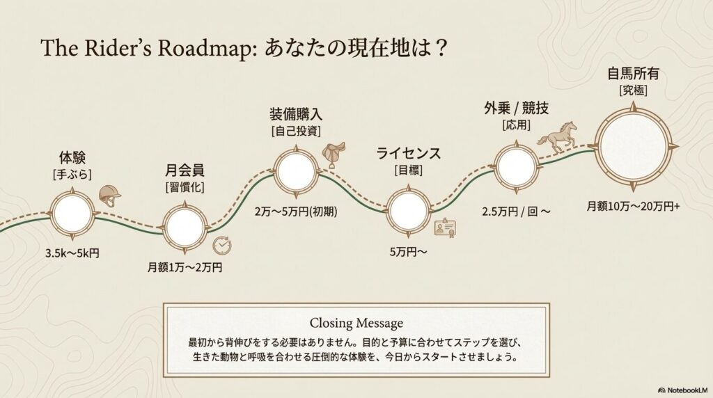 体験プランから自馬所有に至るまでの乗馬費用の全体像を示すロードマップ図
