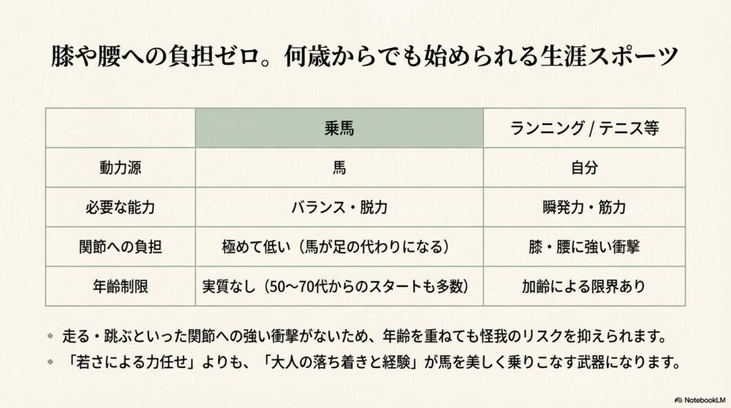 乗馬と他のスポーツにおける関節への負担や年齢制限の比較表
