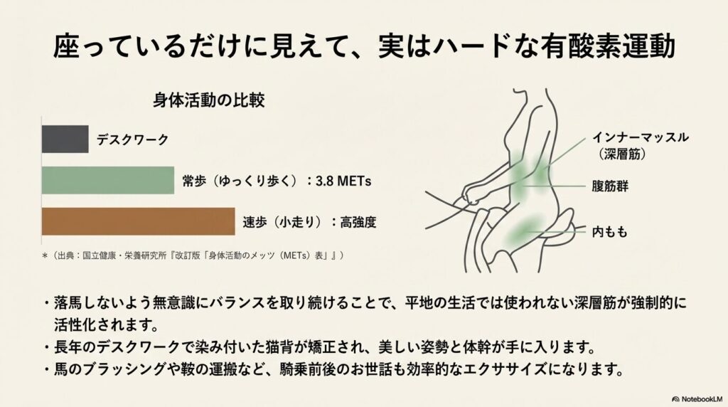 乗馬中の正しい姿勢で使われるインナーマッスルと腹筋群の図解