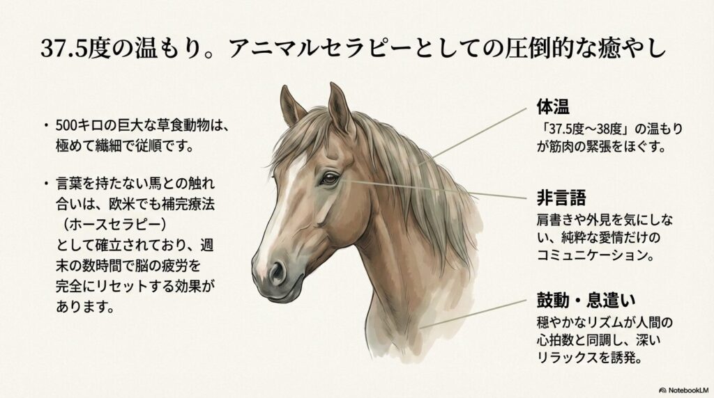 アニマルセラピーとしての乗馬の癒やし効果を解説した図