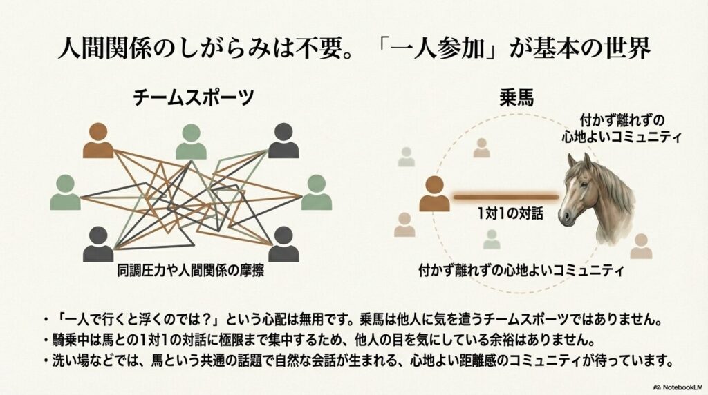 チームスポーツの複雑な人間関係と乗馬における馬との1対1の対話の比較図