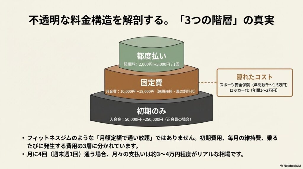 乗馬クラブの費用構造である入会金・月会費・騎乗料の3階層グラフ