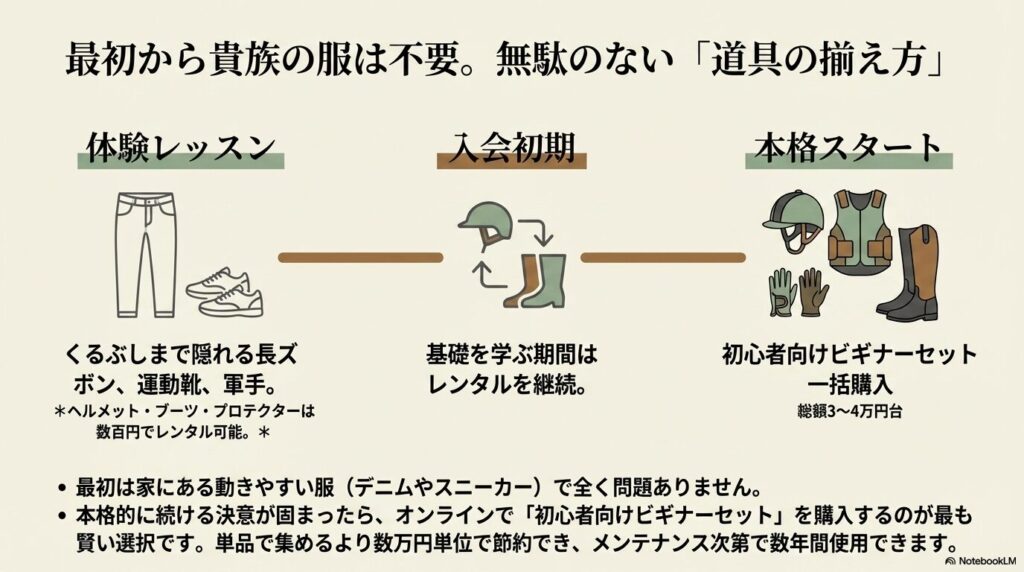 ヘルメットやプロテクター、乗馬ブーツなど段階的な道具の揃え方の図解