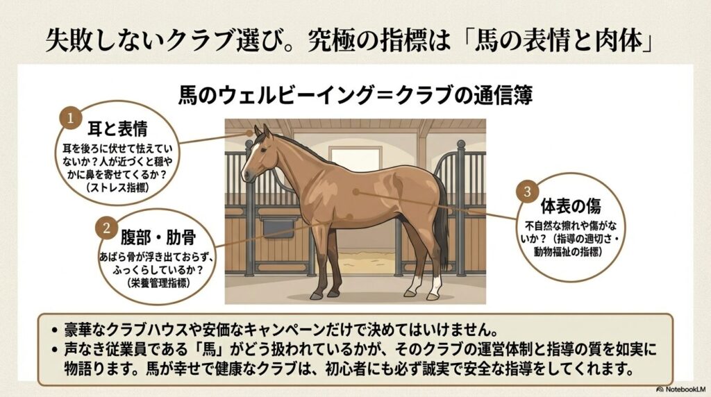 耳の表情や馬体の状態など、良い乗馬クラブを見分けるための健康チェックポイント