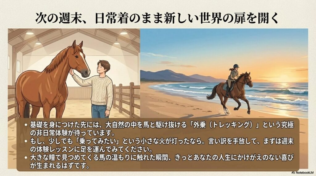 厩舎で穏やかな表情の馬と笑顔でふれあう大人の男性のイラスト