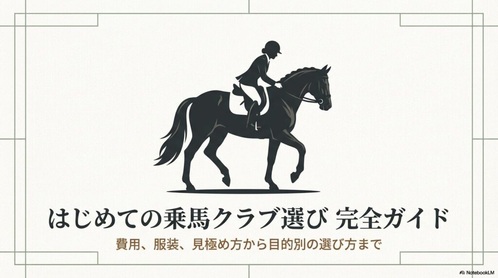 馬にまたがる騎手のシルエットとはじめての乗馬クラブ選び完全ガイドというタイトル
