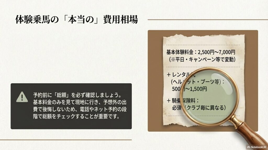 虫眼鏡で拡大された体験乗馬の基本料金、レンタル代、保険料の内訳メモ キャプション