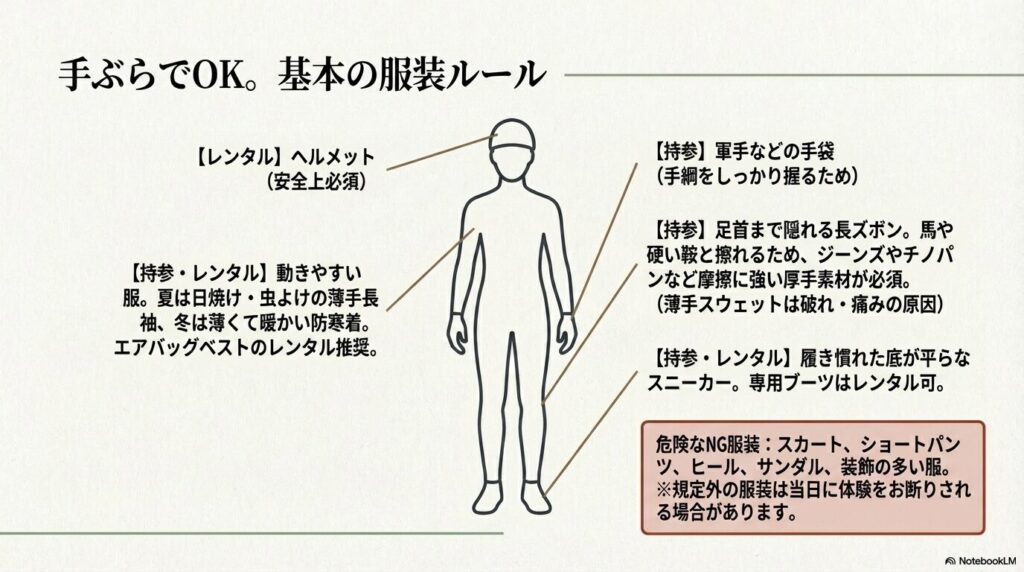 初心者の乗馬体験に適した服装を解説するセクション