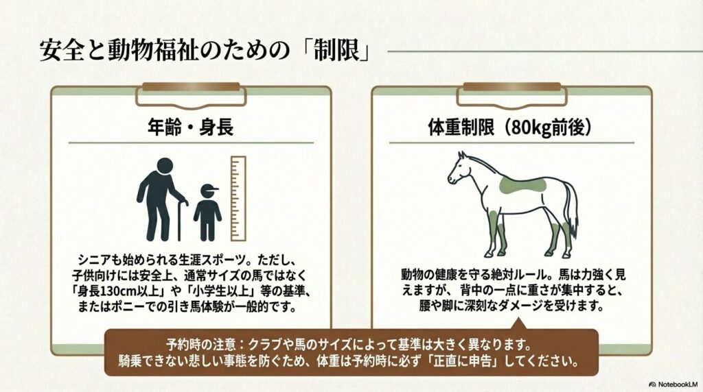 シニアと子供のシルエット、および体重負担の目安となる馬の図