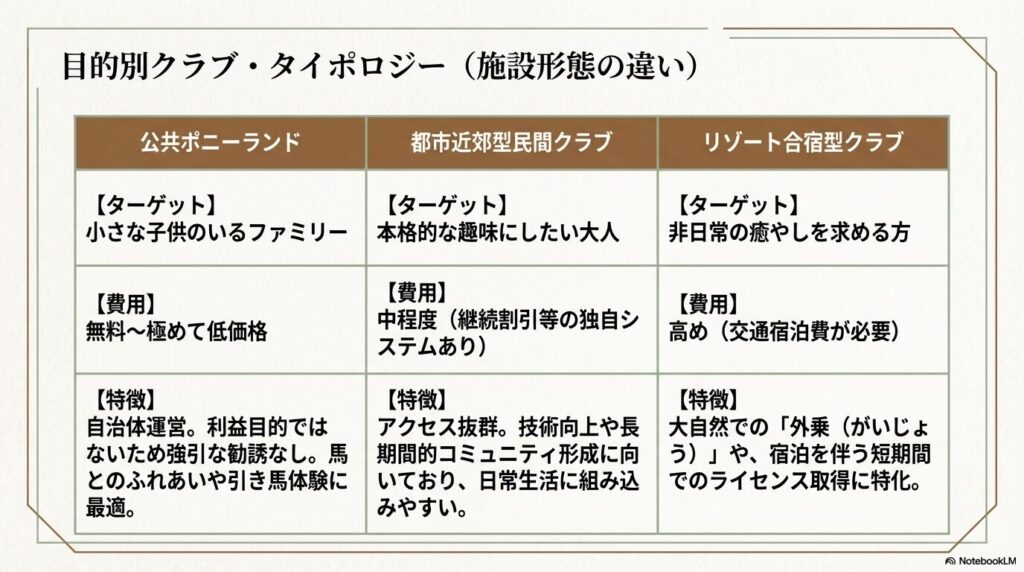 公共ポニーランド、都市近郊型、リゾート合宿型のターゲットと費用、特徴の比較表