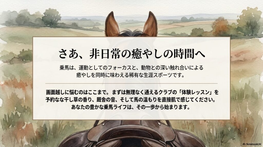 非日常の癒やしの時間へ向かう乗馬風景のイメージ
