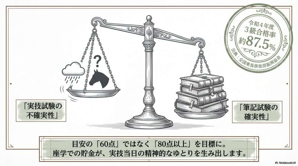 天秤で比較する実技試験の不確実性と筆記試験の確実性、および乗馬3級合格率のデータ