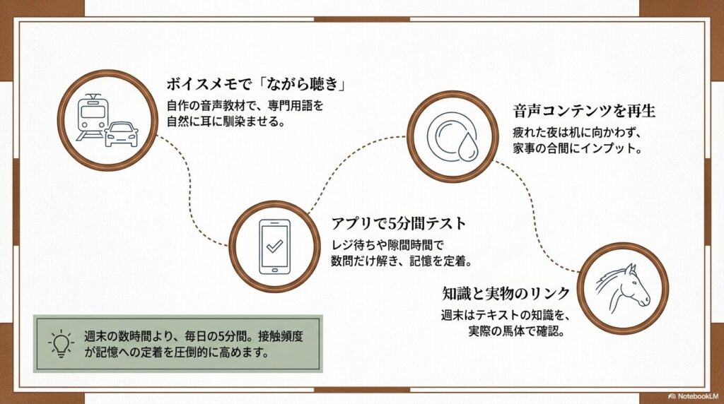 音声学習やアプリを活用した乗馬筆記試験向けの隙間時間勉強法のイメージ