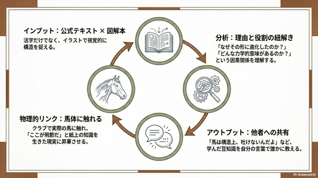 インプット、分析、物理的リンク、アウトプットを通じた乗馬専門用語の論理的な記憶法