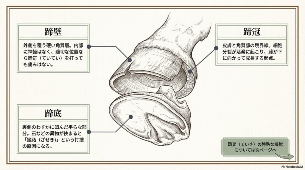 馬の蹄の断面図と主要部位である蹄壁、蹄冠、蹄底の名称と役割の解説