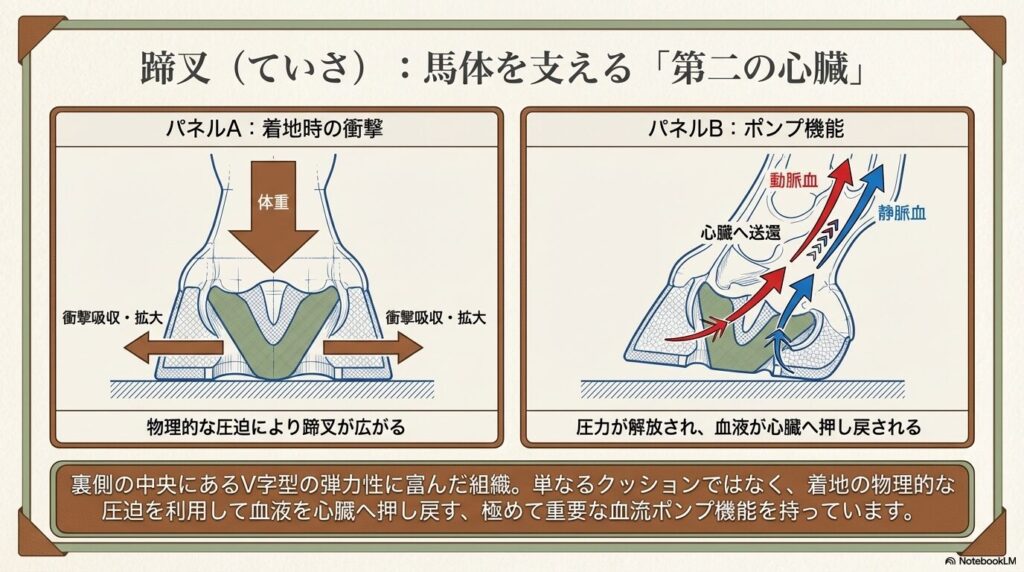 第二の心臓と呼ばれる蹄叉（ていさ）の衝撃吸収および血流ポンプ機能のメカニズム図解