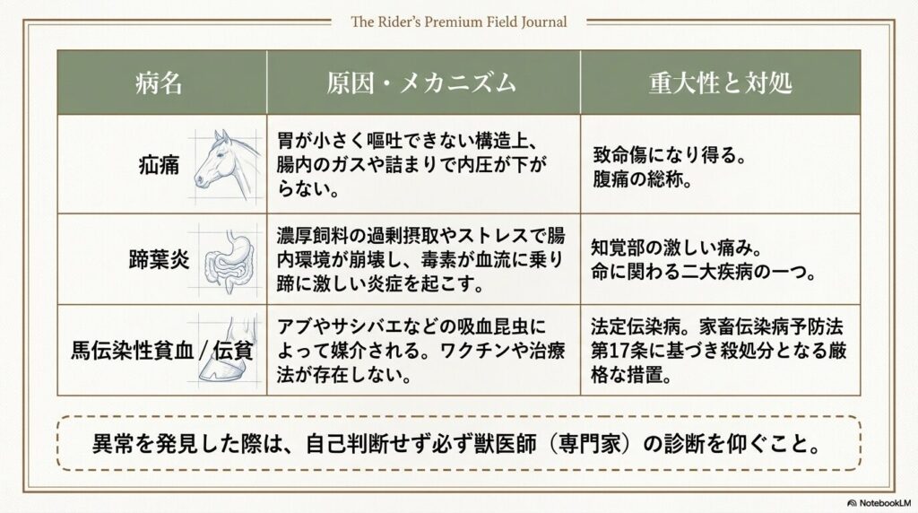 乗馬3級試験で頻出する馬の重篤な疾病である疝痛、蹄葉炎、馬伝染性貧血の原因と対処法一覧表