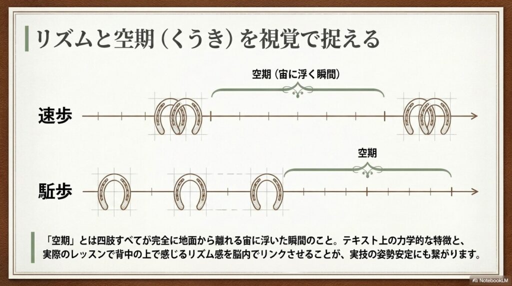 速歩と駈歩における足運びのリズムと四肢が宙に浮く空期のタイミングを示す図解