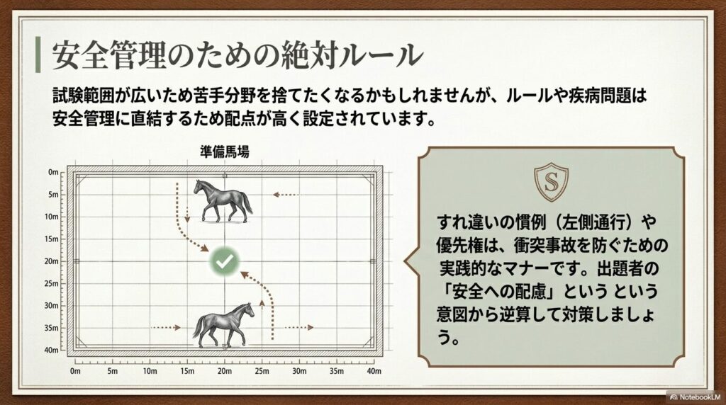 乗馬の準備馬場内における馬同士のすれ違いの慣例である左側通行を示す安全管理ルールの図解