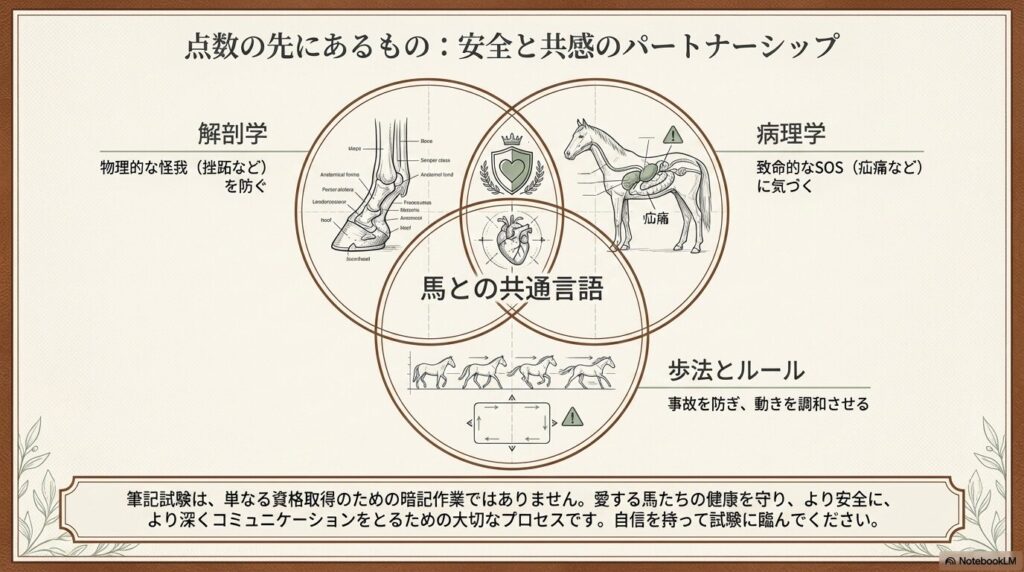 解剖学、病理学、歩法とルールの理解が馬との安全と共感のパートナーシップにつながることを示す概念図
