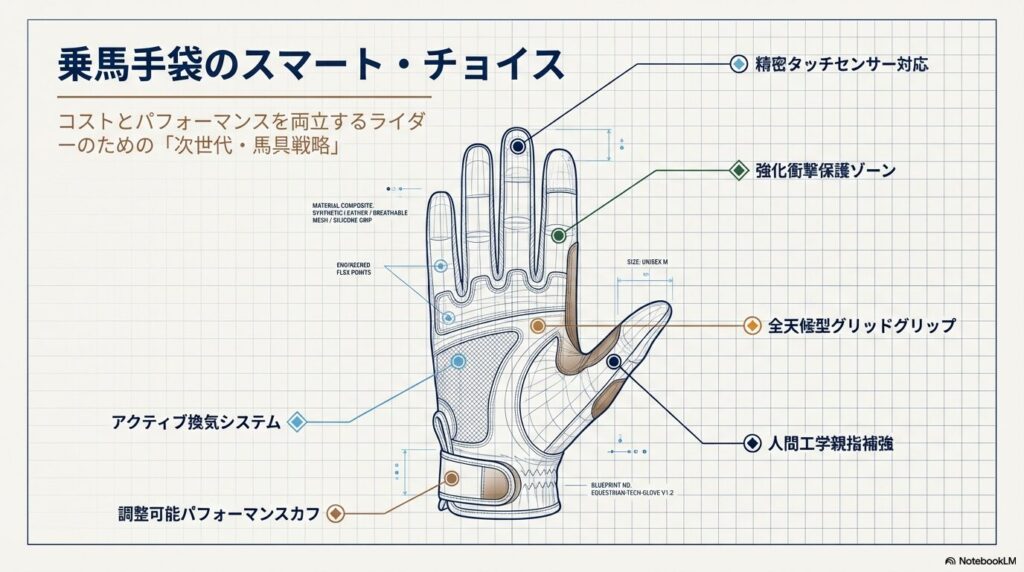 乗馬用手袋の機能性を解説するスマート・チョイスの設計図