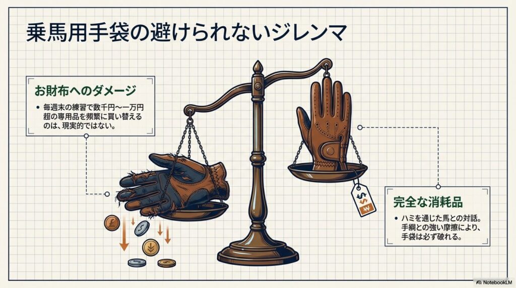 乗馬手袋にかかる費用と消耗品としてのジレンマを表す天秤のイラスト