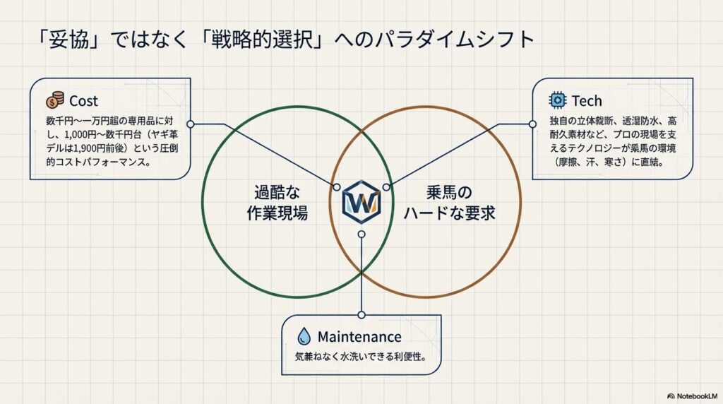コスト、テクノロジー、メンテナンス性を兼ね備えたワークマン製品が乗馬のハードな要求に応える図解