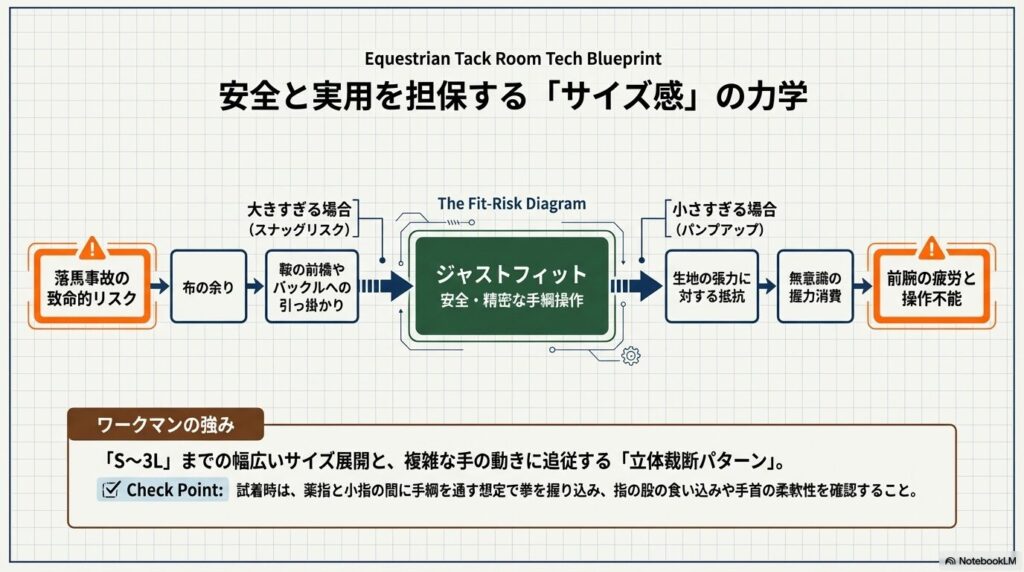 乗馬用手袋のサイズが大きすぎる場合と小さすぎる場合のリスクを図解した力学チャート