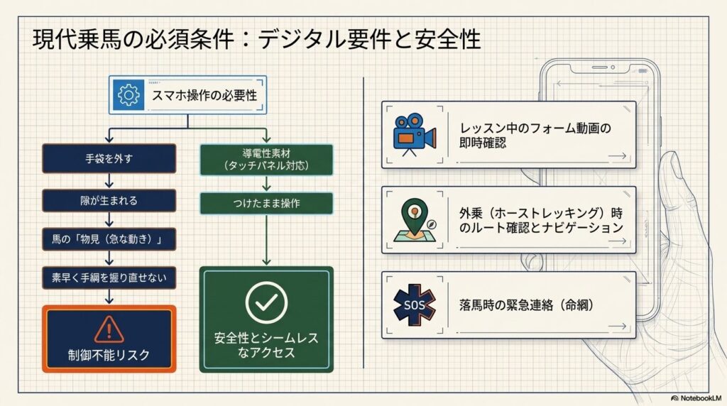 乗馬中のスマホ操作の必要性と、タッチパネル対応手袋による安全性向上を示すフローチャート