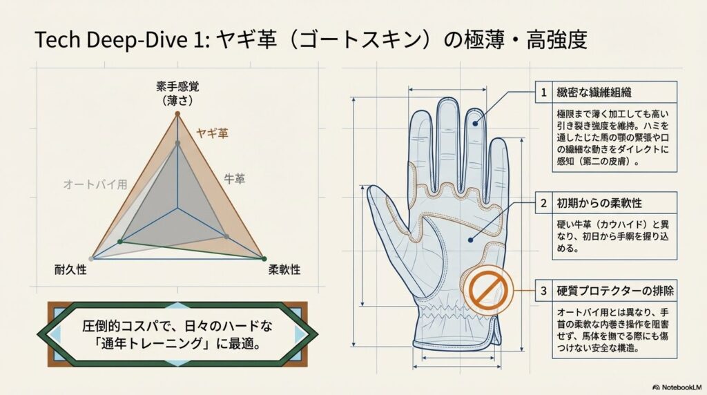 ヤギ革（ゴートスキン）の薄さ、耐久性、柔軟性をオートバイ用や牛革と比較したレーダーチャート