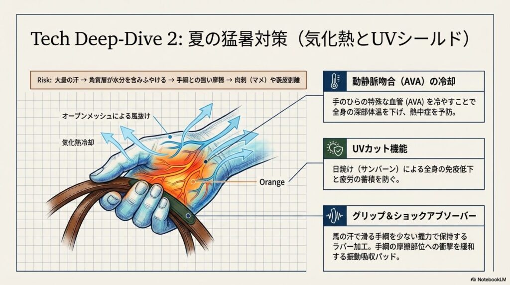 メッシュ素材による気化熱冷却とUVカット機能による夏の猛暑対策の図解