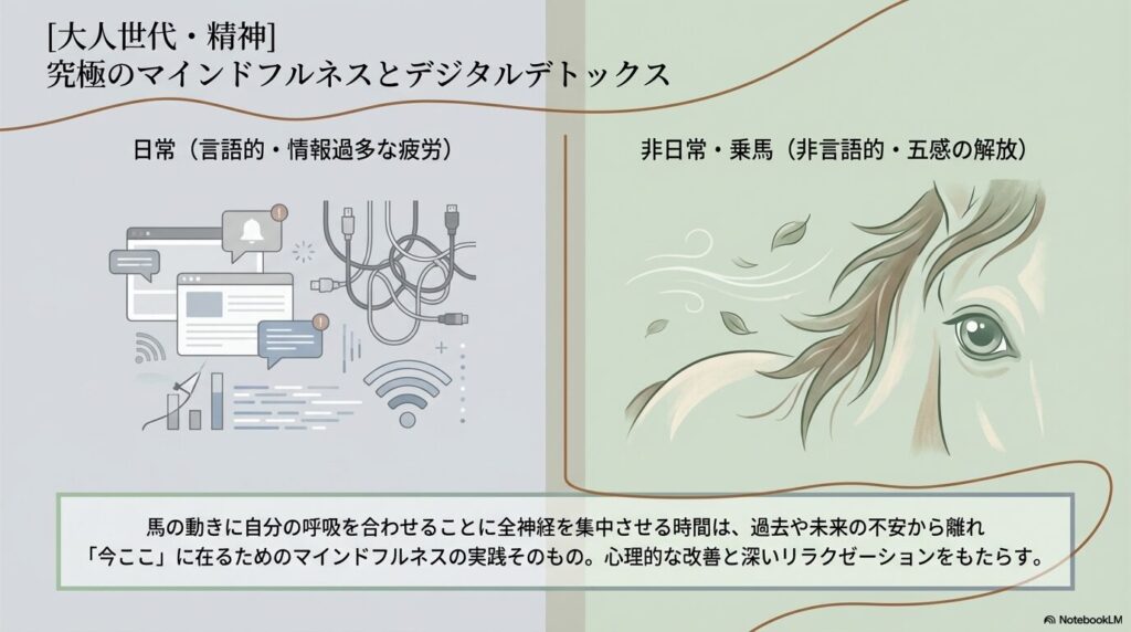 情報過多な日常から離れ、馬との非言語コミュニケーションでマインドフルネスを実践する大人世代の乗馬イメージ